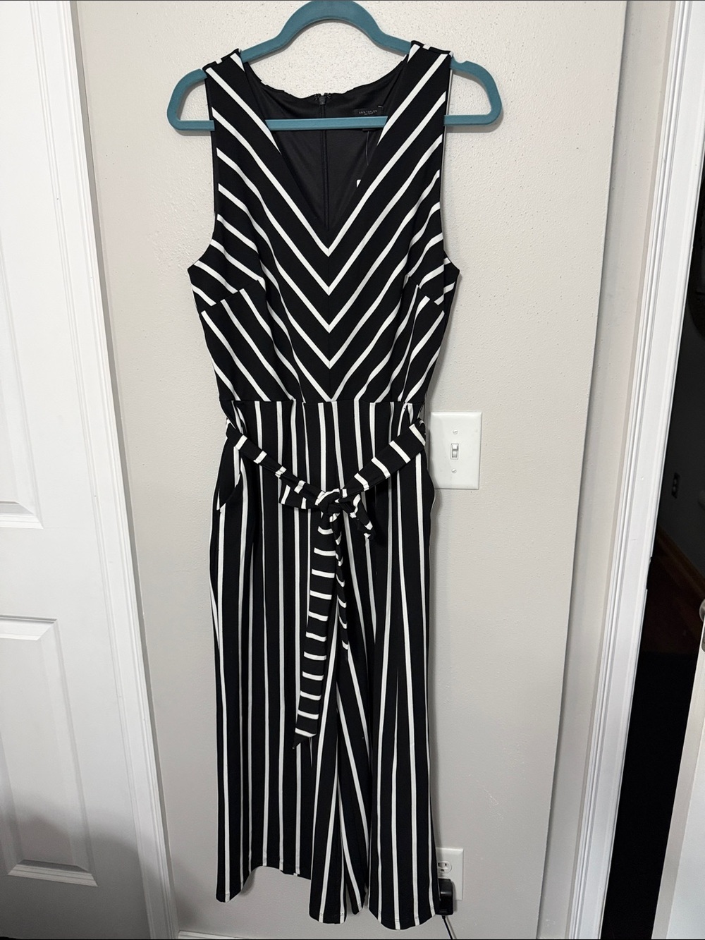 Black & White Striped Sleeveless Pants Jumpsuit with Waist Tie